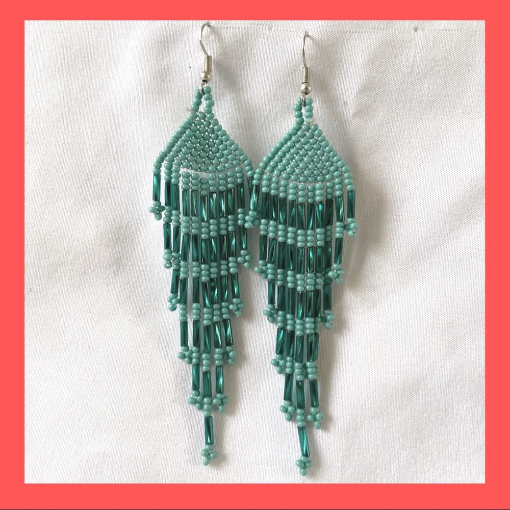 Teal beaded chandelier earrings